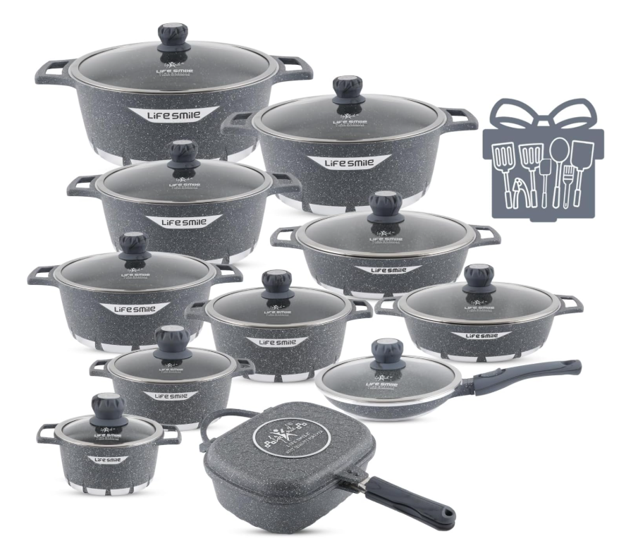LIFE SMILE 29-Piece Cookware Set | Granite Stone Non-Stick Pots & Pans | طقم أواني الطبخ 29 قطعة جرانيت